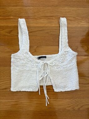 Zara White Textured Lace-Up Cropped Tank